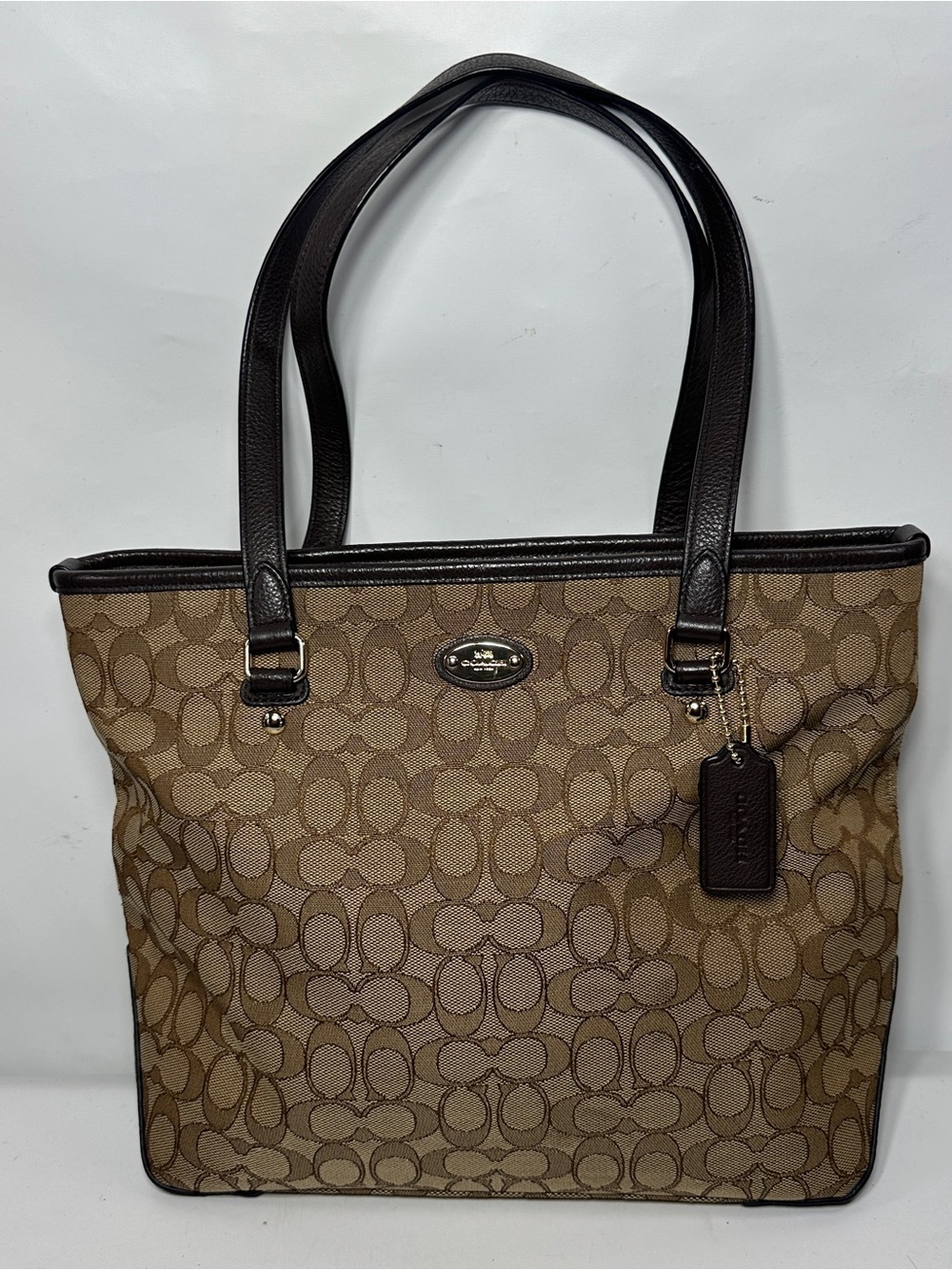 Coach Brown Signature Canvas Logo Canvas Tote with Dark Brown Trim
